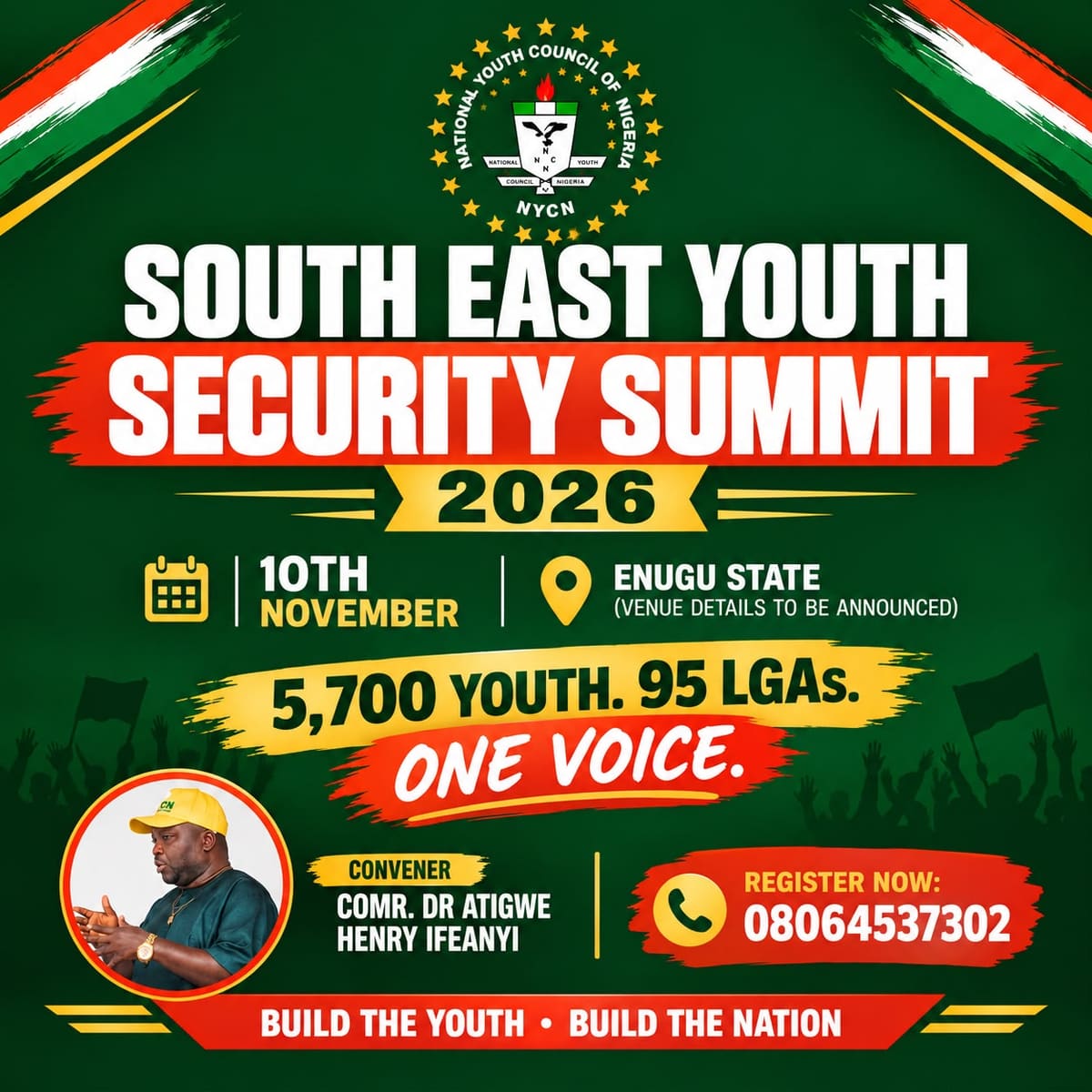 South East Youth Security Summit 2026 flyer: 10th November, Enugu State, 5,700 youth from 95 LGAs